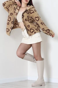 Baskılı Kapşonlu Polar Ceket Vizonkahve - 31711.1247.