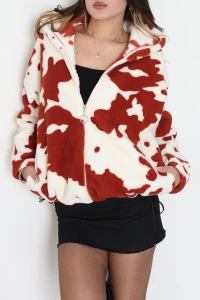 Baskılı Kapşonlu Polar Ceket Ekrukiremit - 31711.1247.