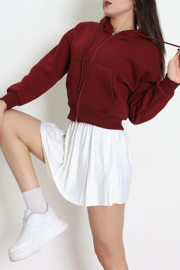 3 İplik Şardonlu Kanguru Cepli Fermuarlı Sweat Bordo - 42600.1878.