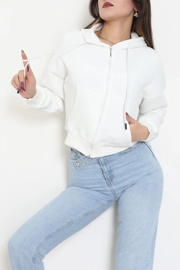 3 İplik Şardonlu Kanguru Cepli Fermuarlı Sweat Ekru - 42600.1878.