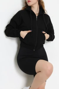 3 İplik Şardonlu Kanguru Cepli Fermuarlı Sweat Siyah - 42600.1878.