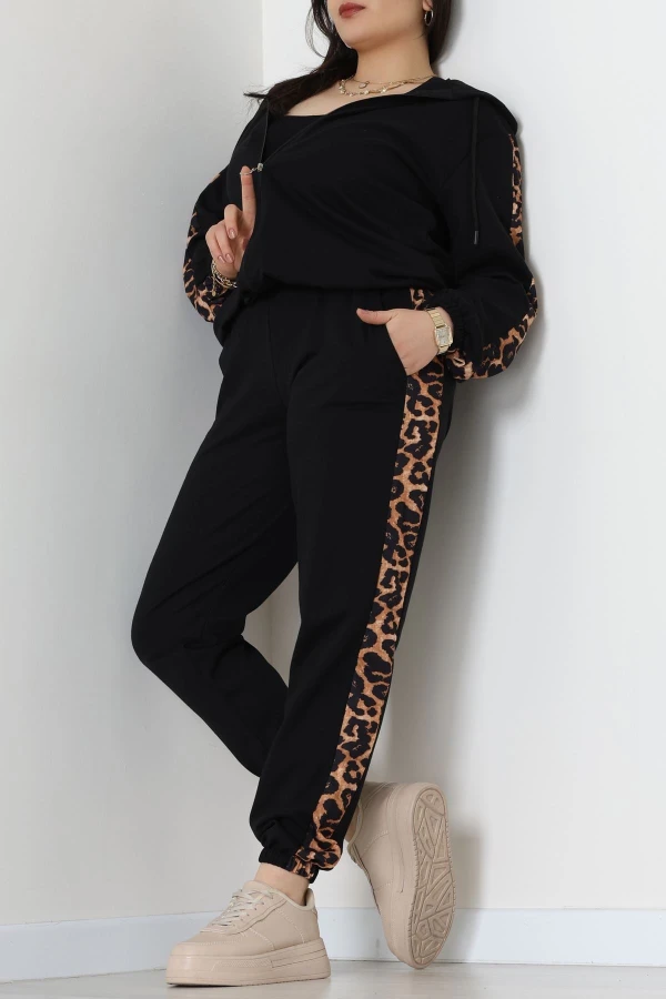 Şeritli 2 İplik Büyük Beden Eşofman Takımı Siyah - 50806.1857.