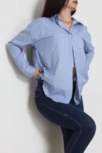 Pamuk Polyester Çizgili Oversize Gömlek Mavibeyaz - 51052.147.