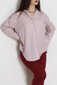 Pamuk Polyester Çizgili Oversize Gömlek Bordobeyaz - 51052.147.