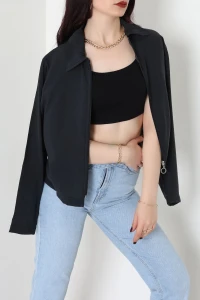 Dokuma Modal Fermuarlı Polo Yaka Ceket Gömlek Siyah - 51237.1837.