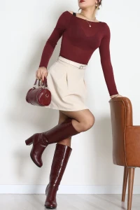 Dabıl Kumaş Kemerli Pileli Etek Bej - 51258.1991.