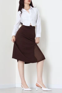 Dabıl Kumaş Tül Yırtmaçlı Etek Kahve - 51260.1991.