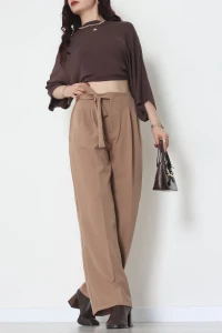 Yan Bağlama Detaylı Dabıl Kumaş Pantolon Latte - 51611.683.