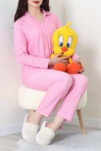 Süet Düğmeli Pijama Takımı Pembeçizgi - 52179.2124.