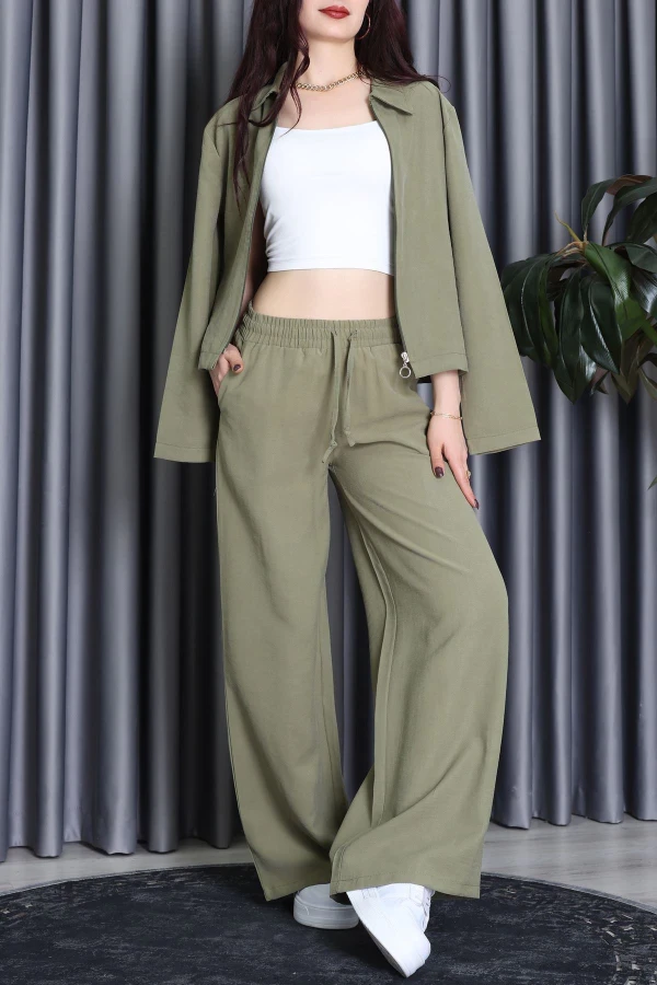 Soft Touch Dokuma Modal Fermuarlı İkili Takım Haki - 55012.1837.