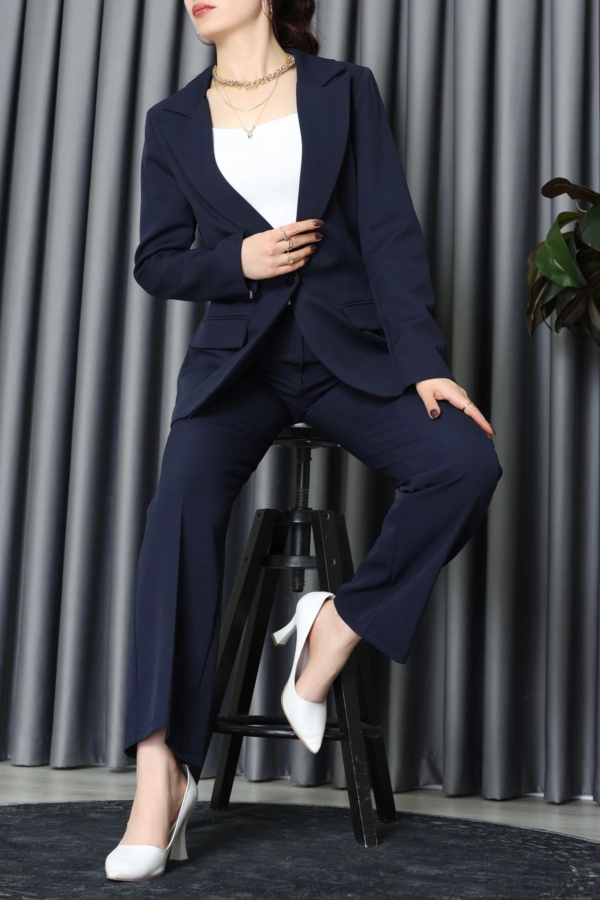 Dabıl Kumaş Astarlı İkili Blazer Takım Lacivert - 55041.1397