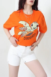 Baskılı Kompakt Penye Tişört Turuncu - 55044.1872.