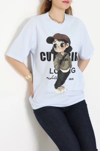 Baskılı Kompakt Penye Tişört Açıkmavi - 55044.1872.