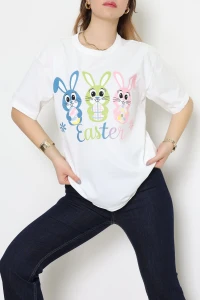 Baskılı Kompakt Penye Tişört Beyazyeşil - 55044.1872.