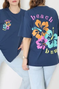 Baskılı Kompakt Penye Tişört Mavipembe - 55044.1872.