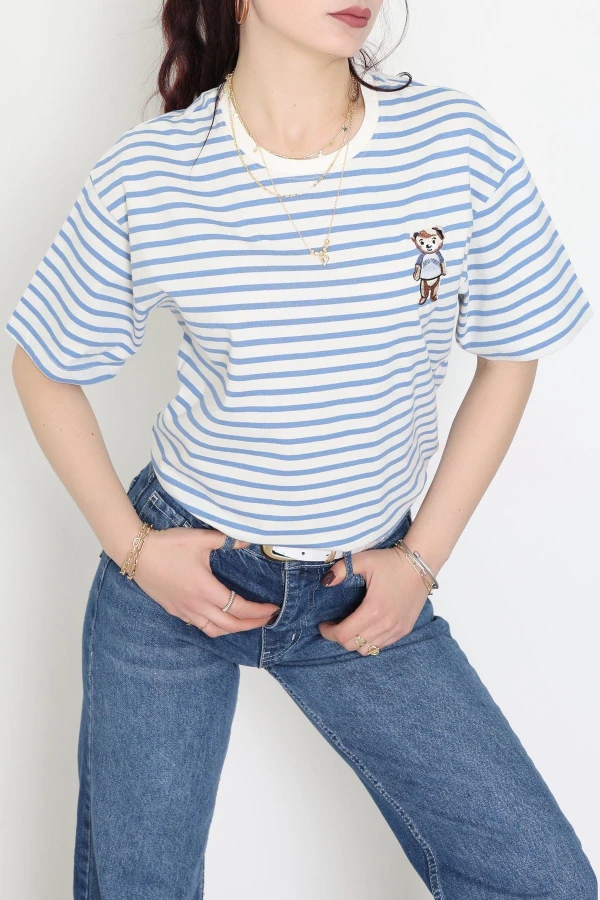 Baskılı Kompakt Penye Tişört Kremmavi - 55044.1872.