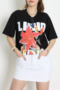 Baskılı Kompakt Penye Tişört Siyahkırmızı - 55044.1872.