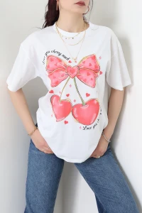 Baskılı Kompakt Penye Tişört Beyazkırmızı - 55044.1872.