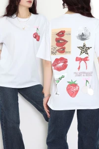 Baskılı Kompakt Penye Tişört Beyazkiraz - 55044.1872.