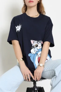 Baskılı Kompakt Penye Tişört Lacivertgri - 55044.1872.