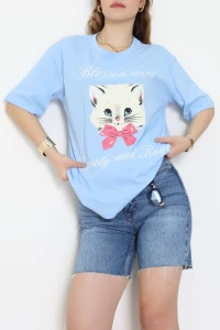 Baskılı Kompakt Penye Tişört Mavikrem1 - 55044.1872.