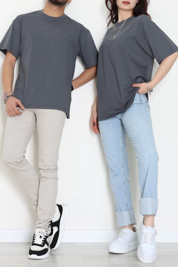 Kompak Penye Unisex Baskısız Oversize Tişört Antrasit - 55045.1872.