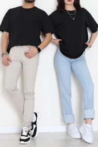 Kompak Penye Unisex Baskısız Oversize Tişört Siyah - 55045.1872.