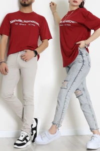 Kompakt Penye Unisex Tişört Bordo - 55064.1872.