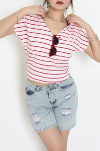 V Yaka Fermuarlı Rejenere Süprem Tişört Ekrukırmızı - 600.1567.