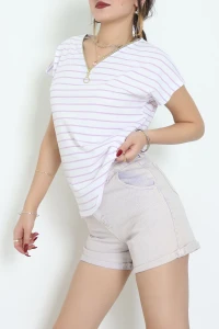 V Yaka Fermuarlı Rejenere Süprem Tişört Beyazlila - 600.1567.