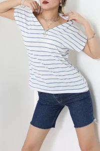 V Yaka Fermuarlı Rejenere Süprem Tişört Beyazmavi - 600.1567.