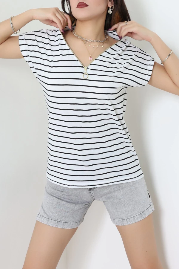 V Yaka Fermuarlı Rejenere Süprem Tişört Beyazsiyah - 600.1567.