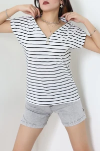 V Yaka Fermuarlı Rejenere Süprem Tişört Beyazsiyah - 600.1567.