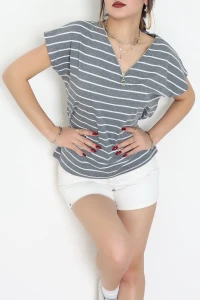 V Yaka Fermuarlı Rejenere Süprem Tişört Antrasitbeyaz - 600.1567.