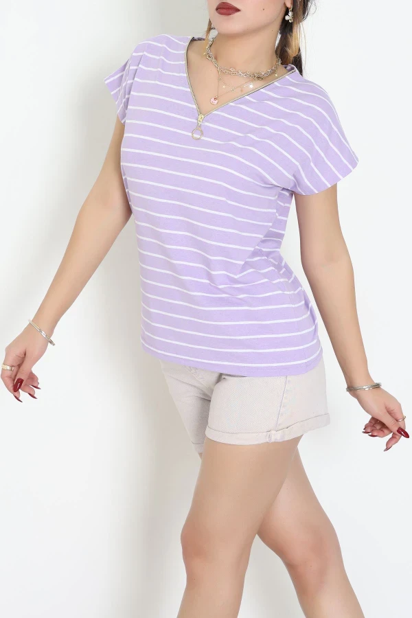 V Yaka Fermuarlı Rejenere Süprem Tişört Lilabeyaz - 600.1567.