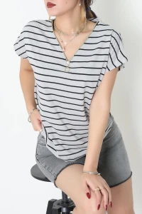 V Yaka Fermuarlı Rejenere Süprem Tişört Grisiyah - 600.1567.