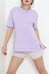 Bisiklet Yaka Çizgili Rejenere Süprem Tişört Lilabeyaz - 601.1567.