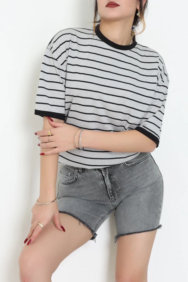 Bisiklet Yaka Çizgili Rejenere Süprem Tişört Grisiyah - 601.1567.