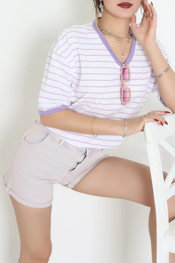 V Yaka Çizgili Rejenere Süprem Tişört Beyazlila - 602.1567.