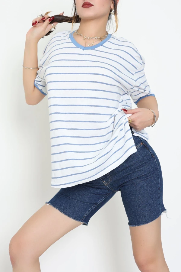 V Yaka Çizgili Rejenere Süprem Tişört Beyazmavi - 602.1567.