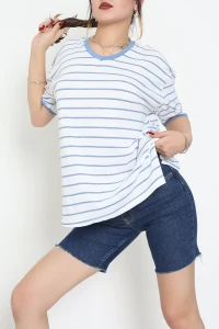 V Yaka Çizgili Rejenere Süprem Tişört Beyazmavi - 602.1567.
