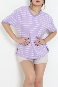 V Yaka Çizgili Rejenere Süprem Tişört Lilabeyaz - 602.1567.