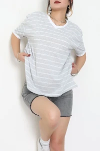 V Yaka Çizgili Rejenere Süprem Tişört Gribeyaz - 602.1567.