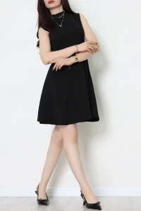 Dik Yaka İthal Krep 11 Parça Mini Elbise Siyah - 70816.1592.