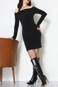 Madonna Yaka Sandy Kumaş Mini Elbise Siyah - 70826.1949.