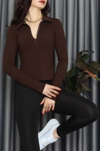 Modal Kumaş Polo Yaka Bluz Kahve - 71793.444.