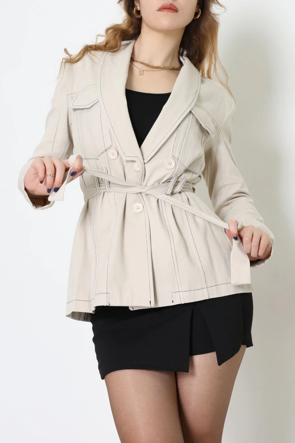 Bağlamalı Gabardin Ceket Taş - 8123.179.