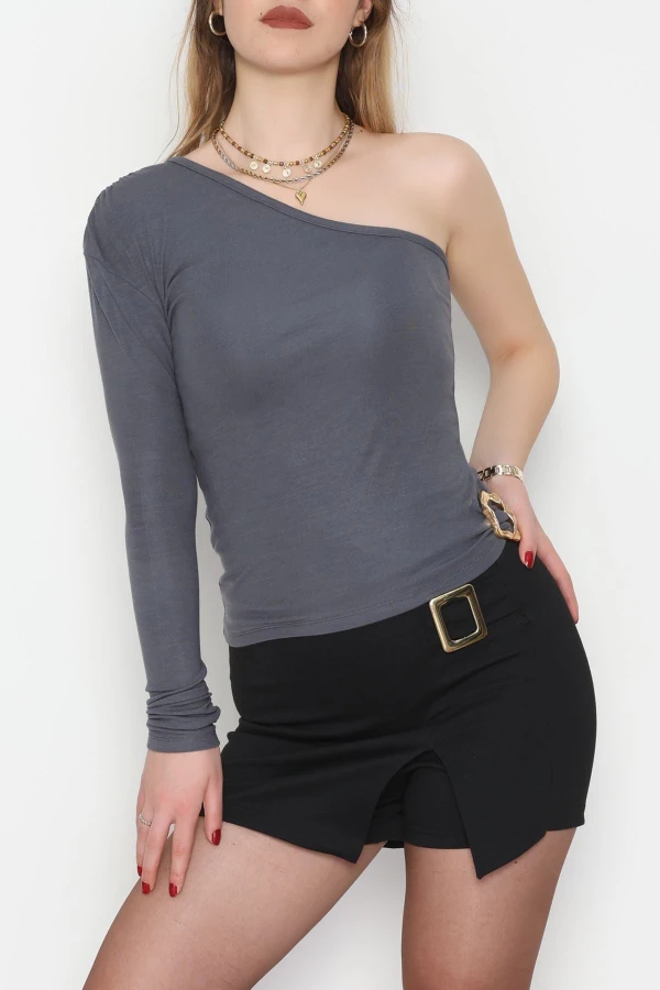 Buzzy Kumaş Tek Omuz Toka Detaylı Bluz Antrasit - 1052.2119.