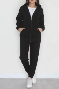 3 İplik Kapşonlu Eşofman Takımı Siyah - 20255.1878.