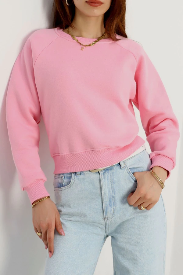 Bisiklet Yaka 3 İplik Sweat Pembe - 20958.1878.